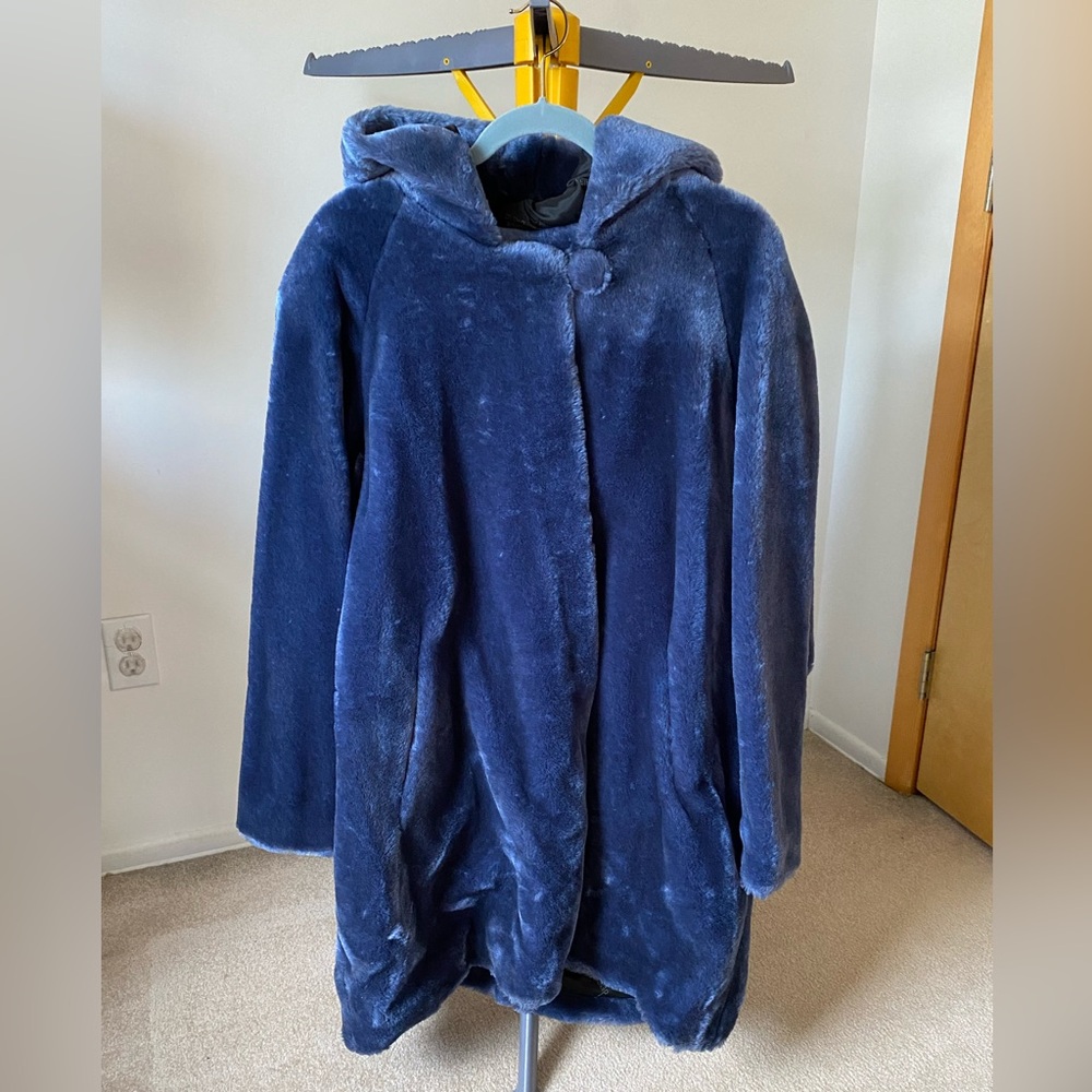 dennis basso Plush Hooded Faux Fur Coat in Deep Blue